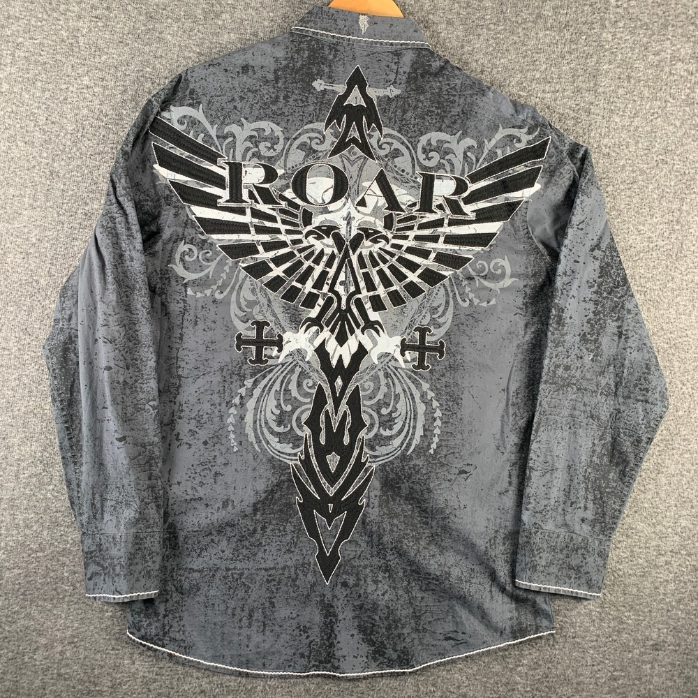 Roar Shirt Men Large Gray Embroidered Eagle Cross Y2K Biker Gothic Tribal